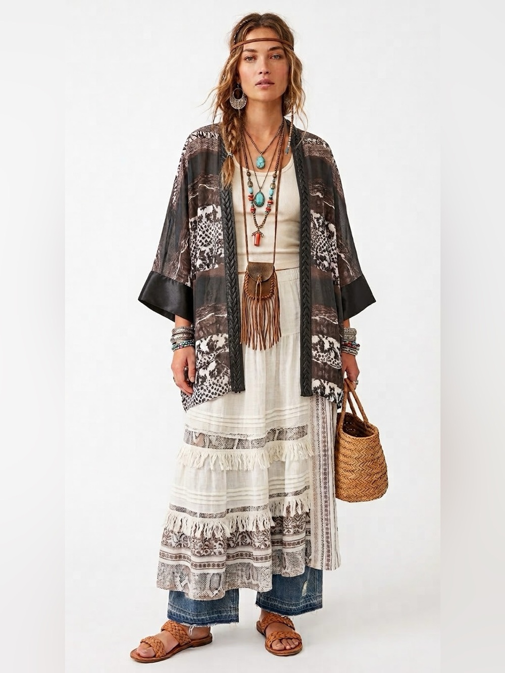 Boho Western Open Kimono Snakeskin Mixed Print Chiffon Coastal Swim Cover Up
